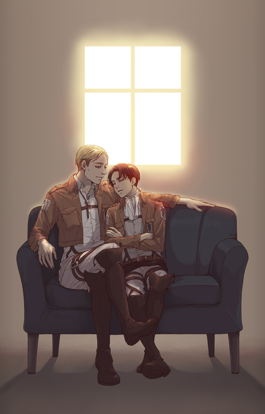 2boys, ascot, black_hair, blonde_hair, boots, couch, erwin_smith, highres