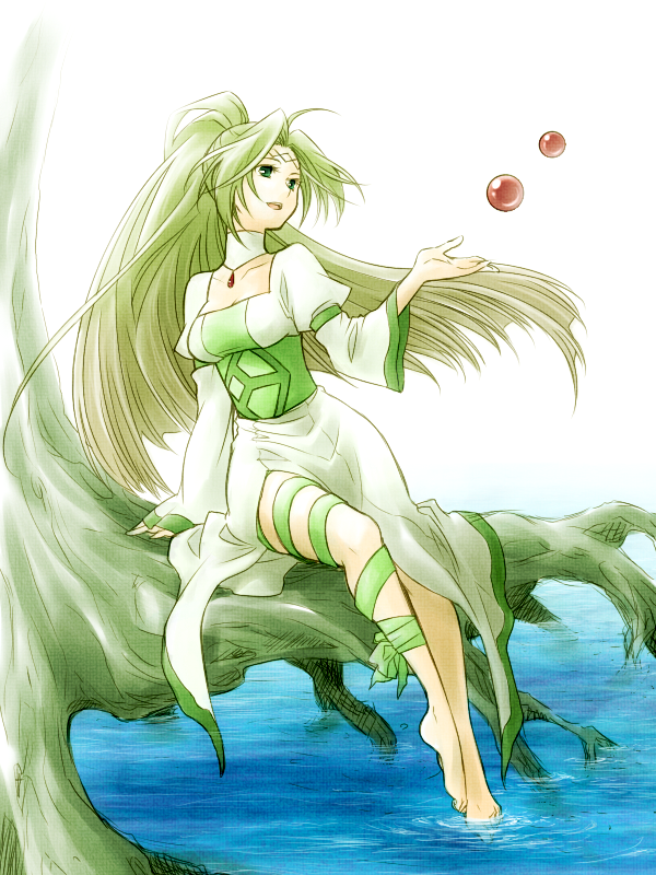 1girl, ahoge, aino_yumeri, barefoot, choker, dress, female_focus, floating, floating_object, green_eyes, green_hair, hair_intakes, in_tree, leg_ribbon, long_hair, matching_hair/eyes, mireille_feydeau, open_mouth, outstretched_hand, ponytail, ribbon, sitting, sitting_in_tree, soaking_feet, solo, tales_of_(series), tales_of_pixiv, tree, water