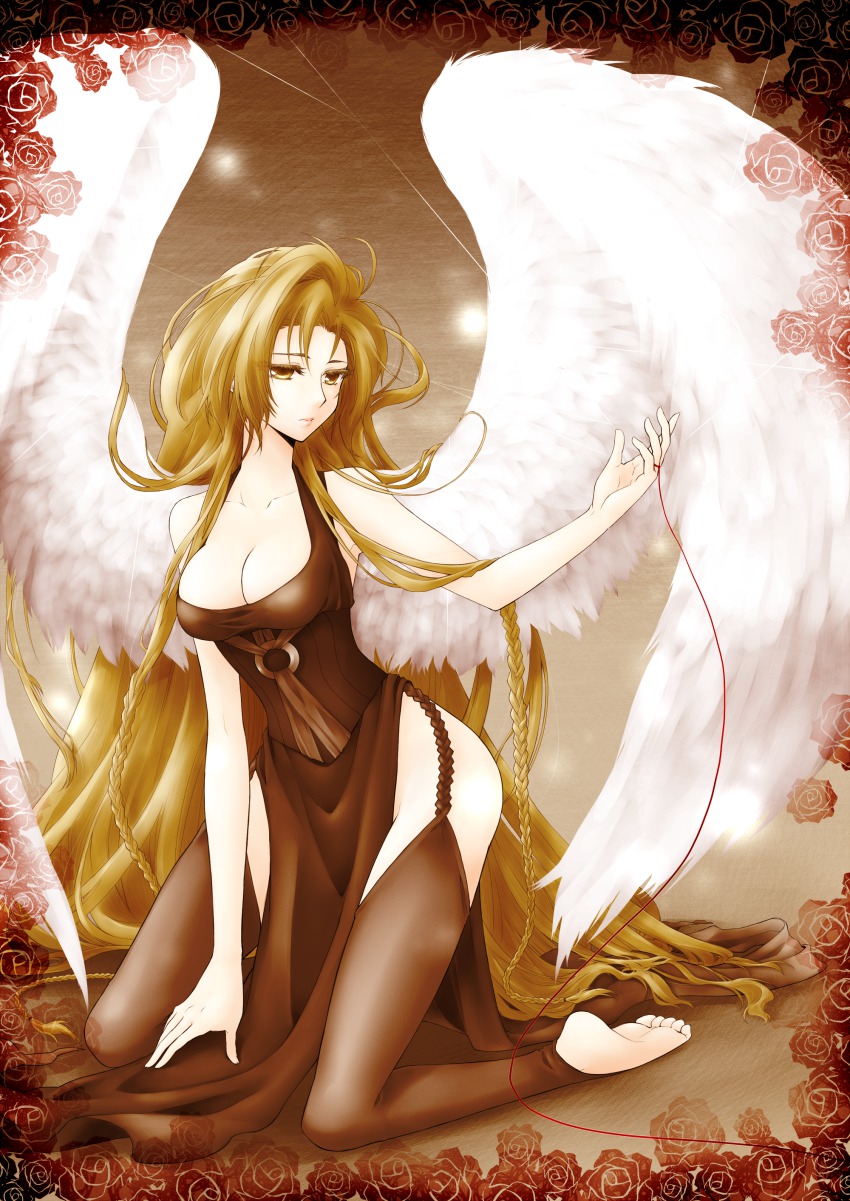 1girl, absurdly_long_hair, absurdres, aino_yumeri, angel_wings, barefoot, braid, breasts