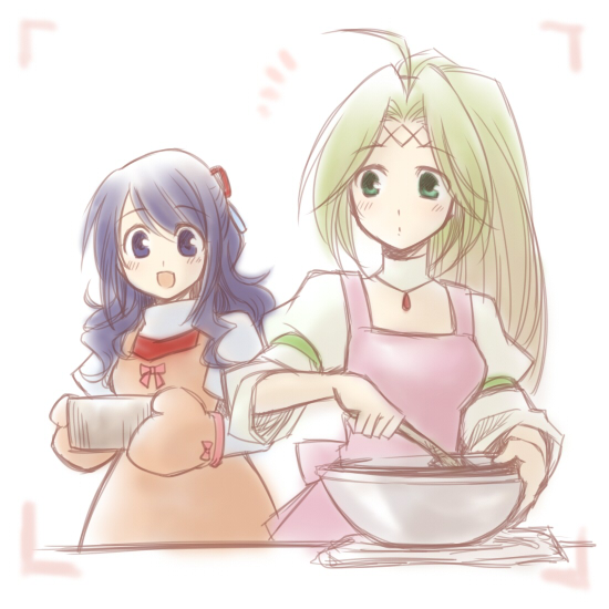 2girls, :d, :o, ahoge, aino_yumeri, apron, blue_eyes, blue_hair