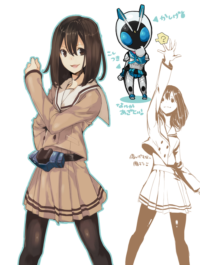 1girl, brown_eyes, brown_hair, chiko_(mizuho), kamen_rider, kamen_rider_fourze_(series), kamen_rider_nadeshiko, misaki_nadeshiko, pantyhose, school_uniform, skirt
