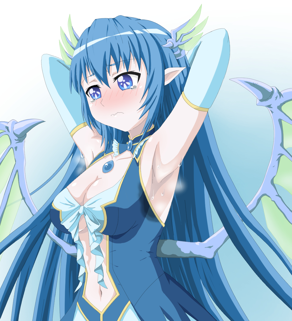 1girl, armpits, arms_behind_head, arms_up, blue_eyes, blue_hair, blush, breasts