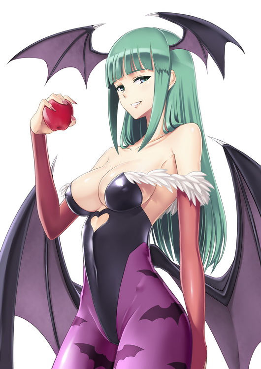 1girl, animal_print, apple, bare_shoulders, bat_print, breasts, bridal_gauntlets, capcom