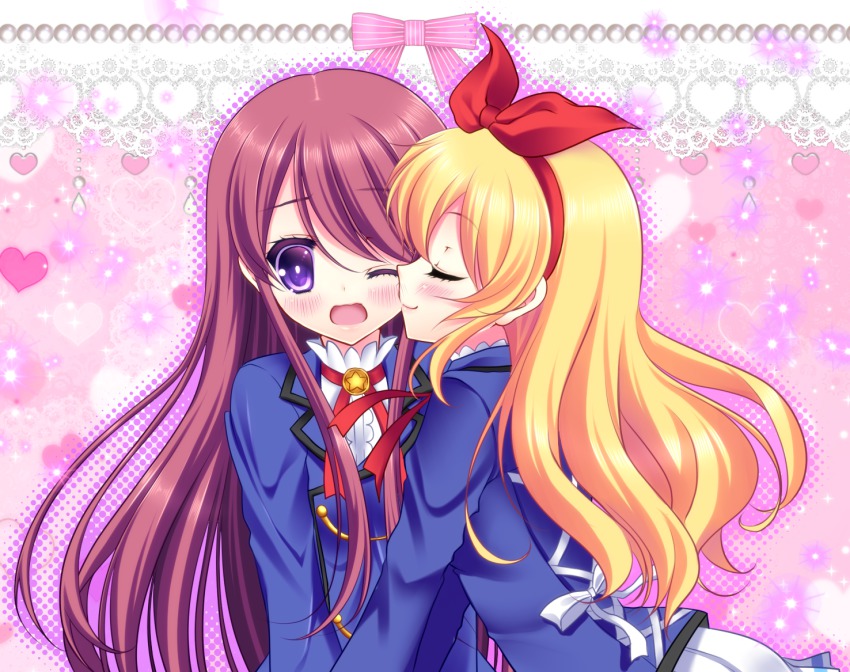10s, 2girls, aikatsu!, aikatsu!_(series), blonde_hair, blush, brown_hair, kissing_cheek