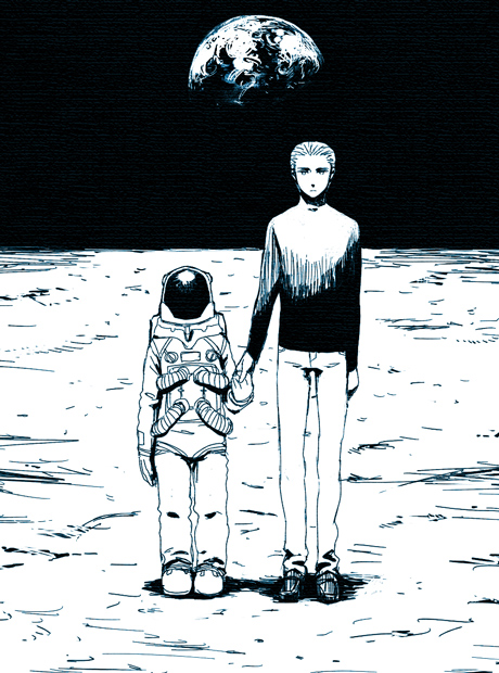 2boys, android, astronaut, child, earth_(planet), full_moon, helmet, holding_hands