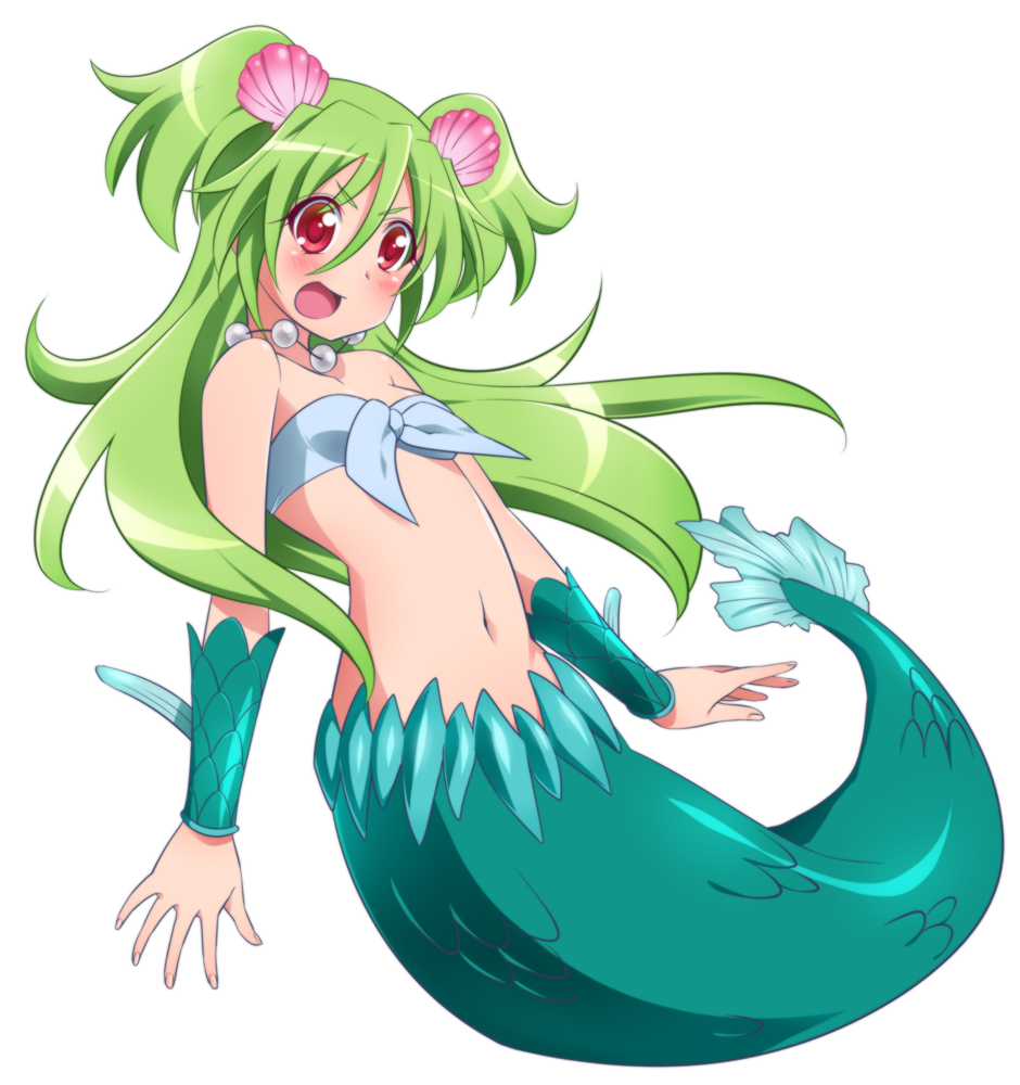 0417nao, 1girl, bad_id, bad_pixiv_id, bandeau, blush, clam, collarbone, female_focus, front-tie_top, green_hair, hair_between_eyes, hair_ornament, jewelry, kneeless_merfolk, long_hair, merfolk, mermaid, monster_girl, muromi-san, namiuchigiwa_no_muromi-san, navel, necklace, open_mouth, pearl_necklace, red_eyes, scales, seashell, shell, shell_hair_ornament, simple_background, solo, twintails, two_side_up, white_background
