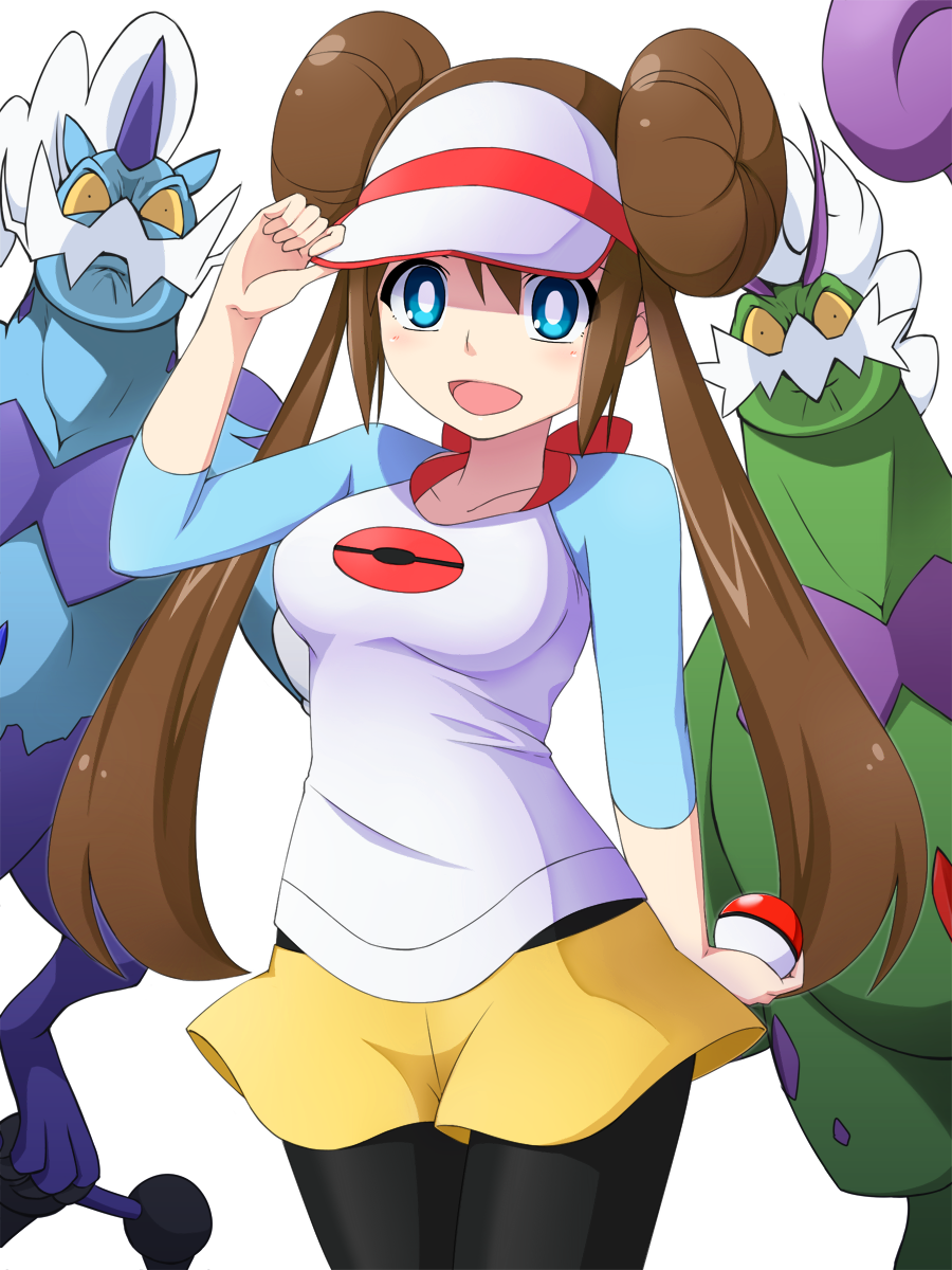 10s, 1girl, 2boys, blue_eyes, brown_hair, double_bun, gen_5_pokemon, hair_bun, highres, legendary_pokemon, long_hair, looking_at_viewer, multiple_boys, nintendo, open_mouth, pantyhose, poke_ball, poke_ball_(basic), pokemon, pokemon_(creature), pokemon_black_2_and_white_2, raglan_sleeves, rosa_(pokemon), skirt, thundurus, thundurus_(therian), tornadus, tornadus_(therian), tsunaso_(lack_of_sunlight), twintails, very_long_hair, visor_cap, white_background