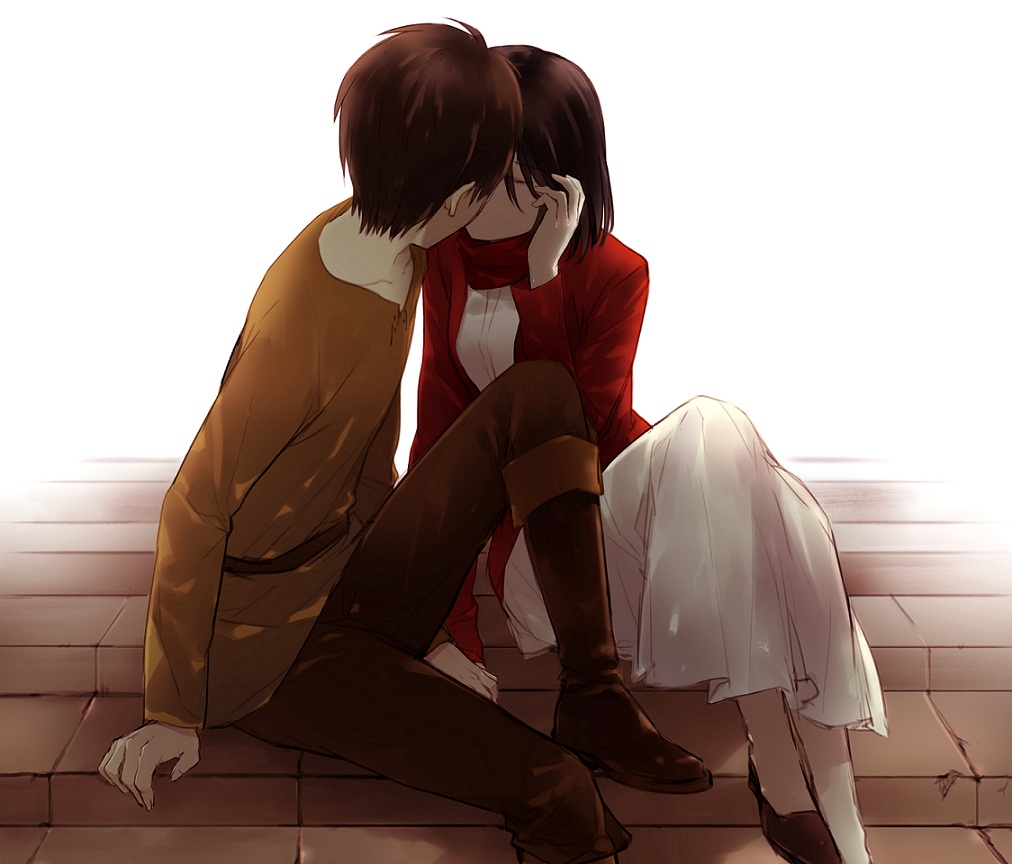 1boy, 1girl, black_hair, couple, dress, eren_yeager, hetero, kiss