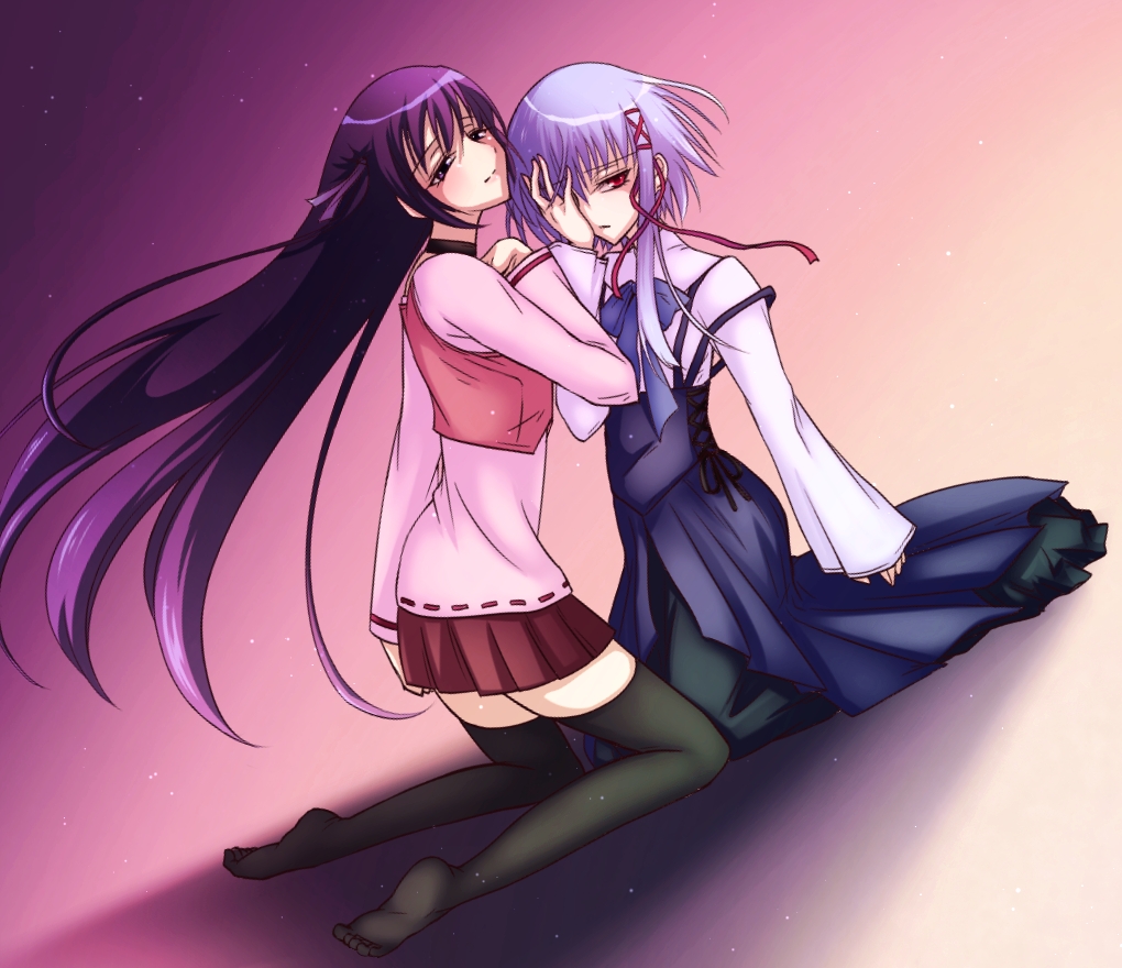 00s, 2girls, bad_id, bad_pixiv_id, black_legwear, bow, choker, dress