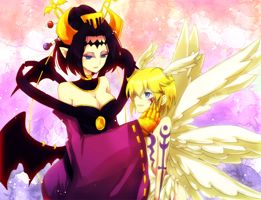 00s, 1boy, 1girl, angel_wings, bat_(symbol), blonde_hair, blue_eyes, curvy