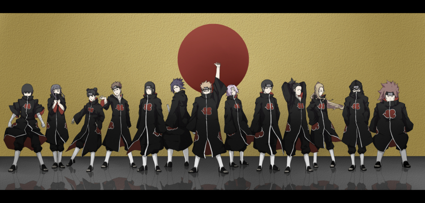 4girls, 6+boys, aburame_shino, akatsuki_(naruto), akatsuki_uniform, akimichi_chouji, full_body, haruno_sakura