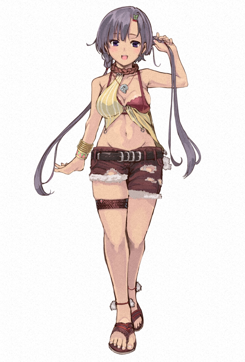 10s, 1girl, :d, anklet, asymmetrical_clothes, asymmetrical_legwear, bad_id, bad_pixiv_id, belt, bra, bracelet, breasts, brown_bra, buckle, character_request, cleavage, cutoffs, feet, female_focus, flip-flops, furukawa_itsuse, gargantia_contest, hair_ornament, highres, holding, holding_own_hair, jewelry, large_breasts, long_hair, navel, open_mouth, original, pendant, purple_eyes, purple_hair, sandals, shorts, simple_background, smile, solo, suisei_no_gargantia, thigh_strap, toenails, toes, twintails, underwear, uneven_legwear