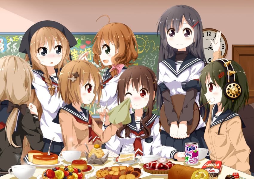 6+girls, black_eyes, black_hair, blue_eyes, blush, braid, brown_eyes, brown_hair