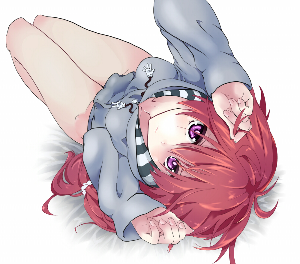 10s, 1girl, bare_legs, bed_sheet, bottomless, collarbone, female_focus, fuyunohajime, hood, hoodie, kakumeiki_valvrave, long_hair, looking_at_viewer, lying, naked_hoodie, on_back, open_mouth, purple_eyes, red_hair, renboukouji_akira, ruffling_hair, scrunchie, solo, upside-down