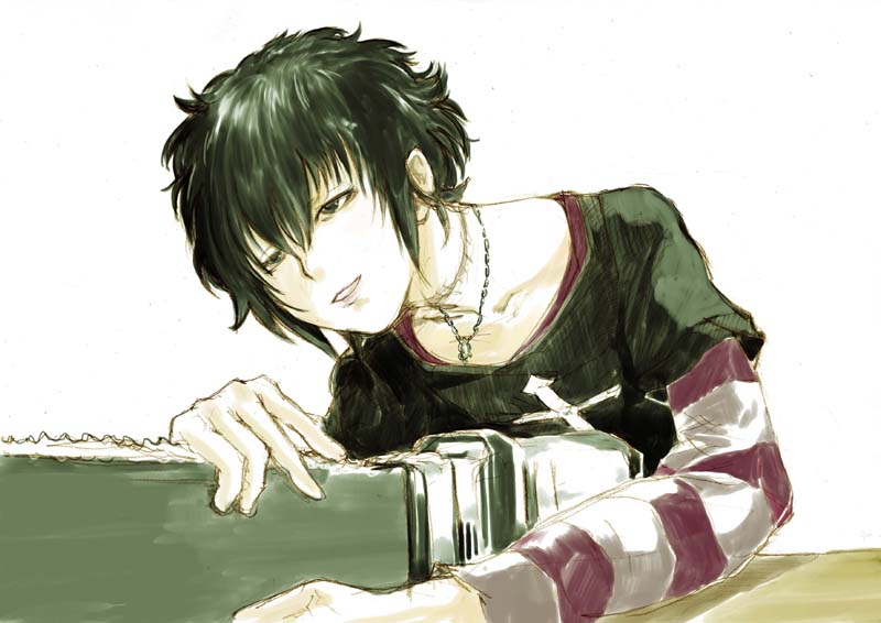 00s, 1girl, arrow_cross, black_hair, black_lagoon, chainsaw, cross, cross_print, female_focus, frederica_sawyer, long_sleeves, santouhei_(3tohei), short_hair, smile, solo, striped, white_background