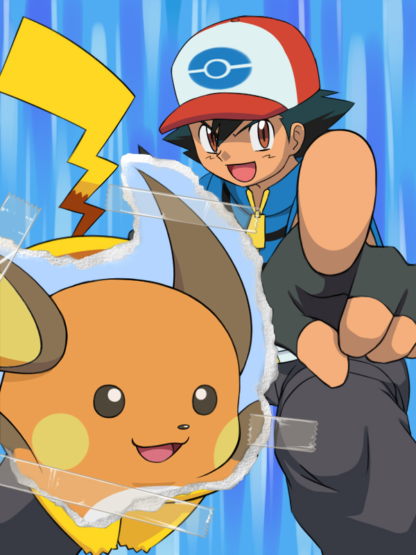 1boy, ash_ketchum, black_hair, brown_eyes, cafe_(chuu_no_ouchi), fingerless_gloves, gen_1_pokemon, gloves, hat, nintendo, pikachu, pointing, pointing_at_viewer, pokemon, pokemon_(anime), pokemon_(creature), raichu, tape, xietong_win