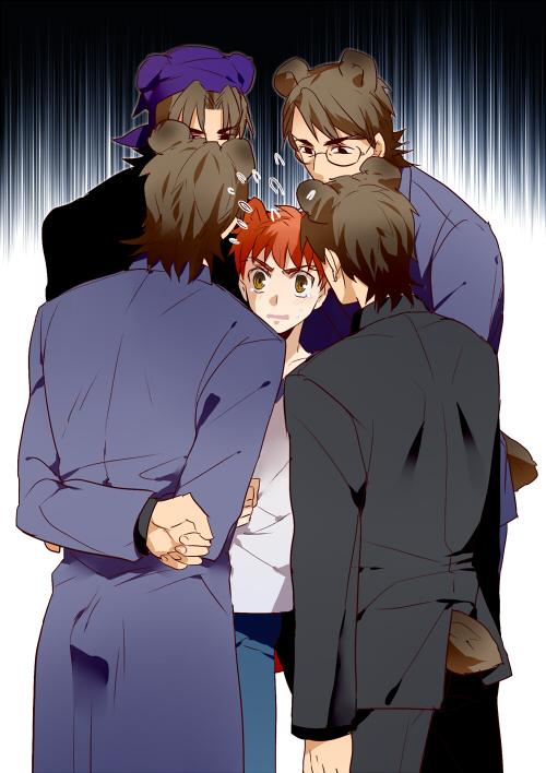 5boys, animal_ears, bear_ears, bear_tail, brown_hair, business_suit, emiya_shirou, fate/stay_night, fate/tiger_colosseum, fate/zero, fate_(series), formal_clothes, glasses, kotomine_kirei, kotomine_kirei_(businessman), male_focus, multiple_boys, multiple_persona, pinki_(shounenkakuseiya), red_hair, sensha_otoko, suit, tail, yellow_eyes