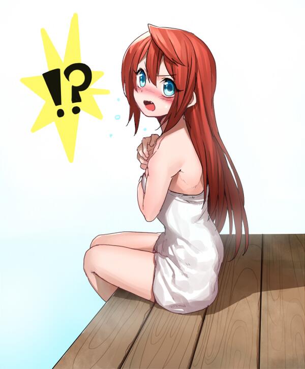 !?, 1girl, arian_rod, bad_id, bad_twitter_id, blue_eyes, blush, covering_breasts, covering_privates, erubo, female_focus, jpeg_artifacts, long_hair, looking_at_viewer, naked_towel, open_mouth, original, red_hair, sitting, solo, surprised, towel