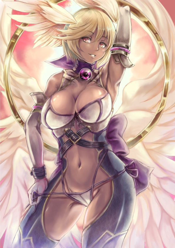 1girl, arm_behind_head, armpits, bare_shoulders, blonde_hair, breasts, cleavage, dark-skinned_female