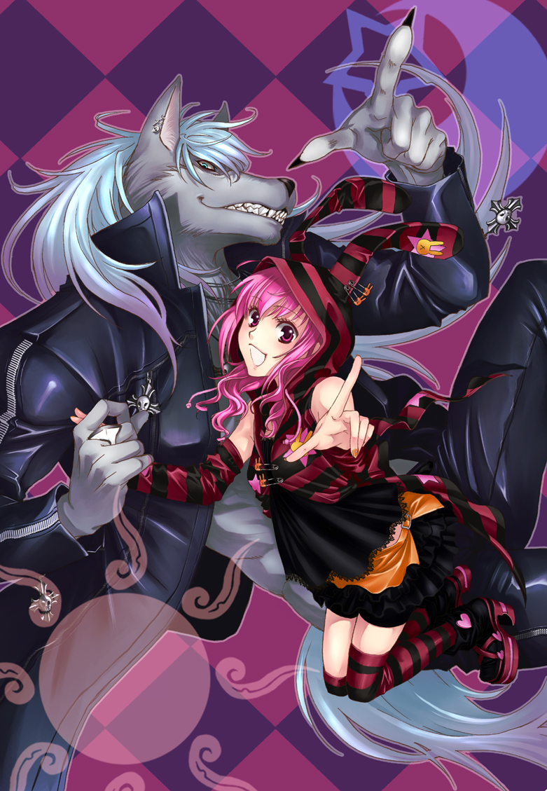 10s, 1boy, 1girl, alternate_costume, argyle_background, argyle_clothes, canal001, furry, furry_male, hair_down, hetero, holding_hands, hood, hoodie, hoshizora_miyuki, jacket, long_hair, pants, pink_eyes, pink_hair, precure, purple_background, sharp_teeth, shoes, short_hair, skirt, smile, smile_precure!, striped_clothes, striped_thighhighs, teeth, thighhighs, werewolf, white_hair, wolfrun