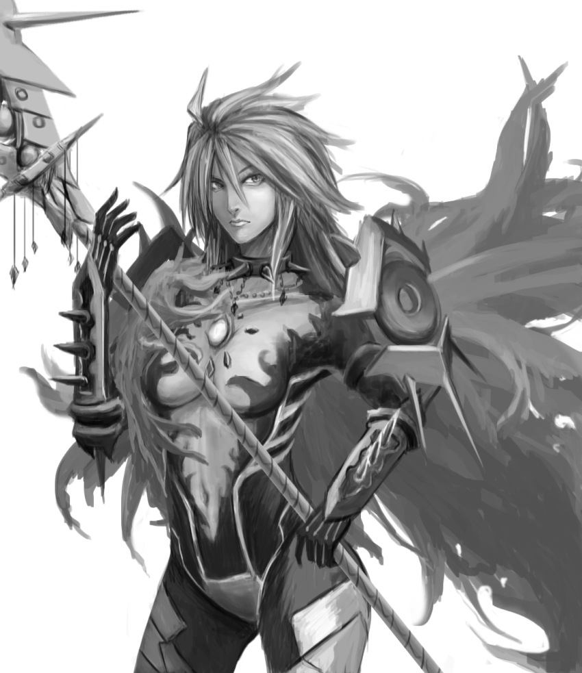 1girl, armor, breasts, cape, chest_jewel, cleavage, collar, drawfag