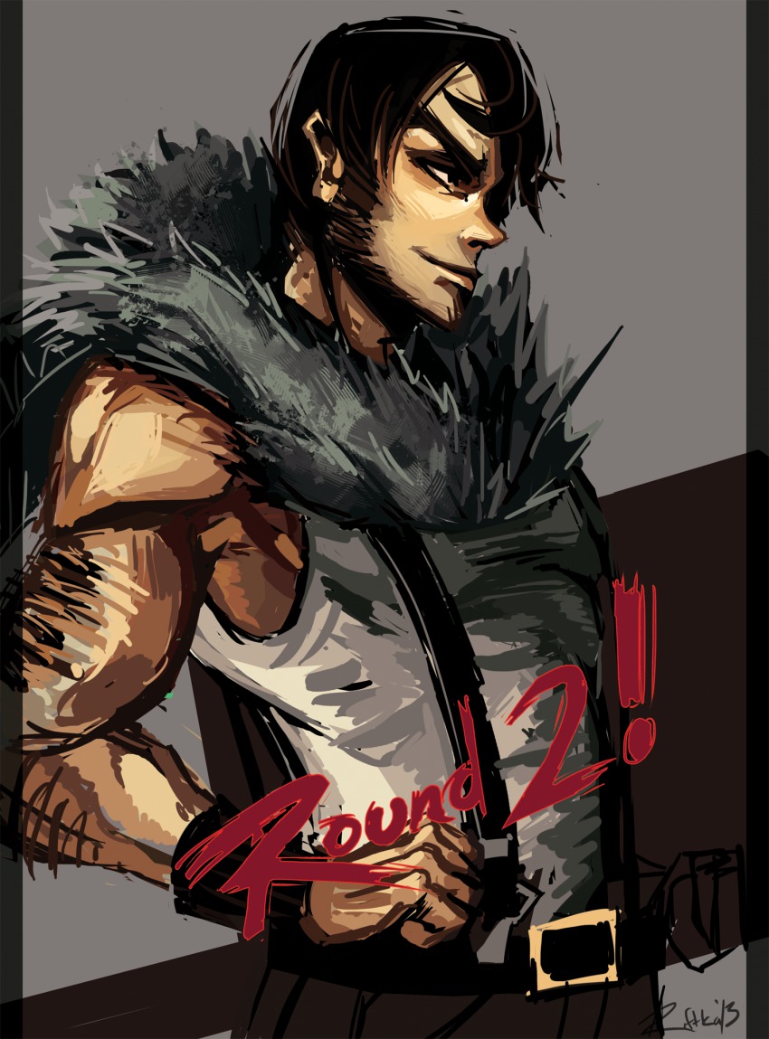 1boy, arm_hair, artist_name, belt, beowulf_(skullgirls), black_hair, cape, facial_hair