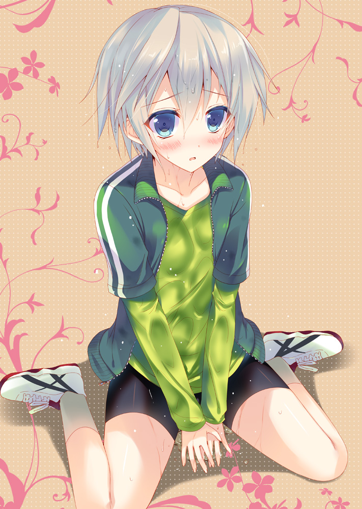 10s, 1boy, androgynous, bad_id, bad_pixiv_id, bike_shorts, blue_eyes, blush