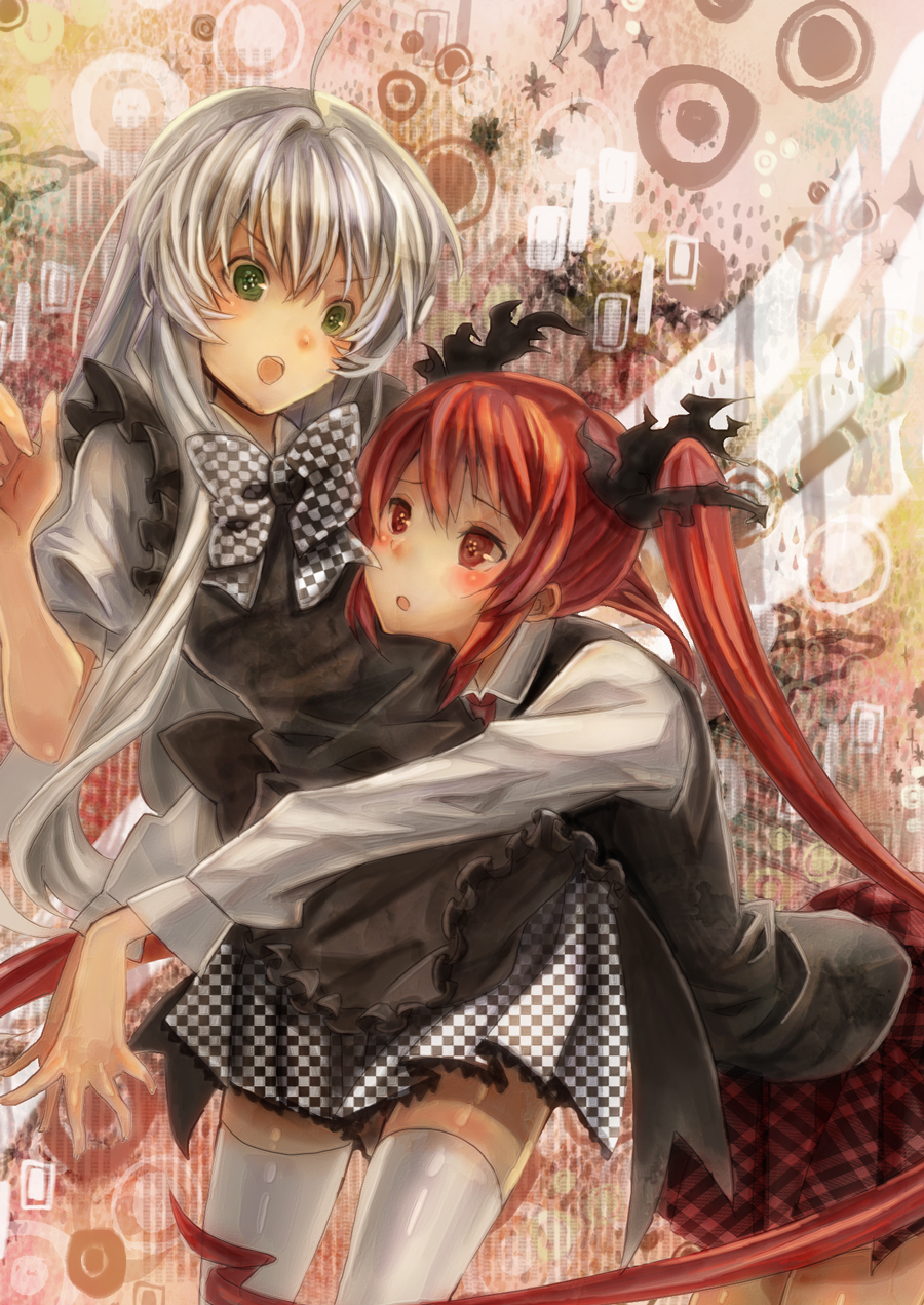 2girls, ahoge, blush, bow, cthugha_(nyaruko-san), green_eyes, haiyore!_nyaruko-san, highres, kanro_(dear27), long_hair, long_sleeves, multiple_girls, nyarlathotep_(nyaruko-san), open_mouth, puffy_sleeves, red_eyes, red_hair, short_sleeves, silver_hair, thighhighs, very_long_hair, white_legwear, yuri