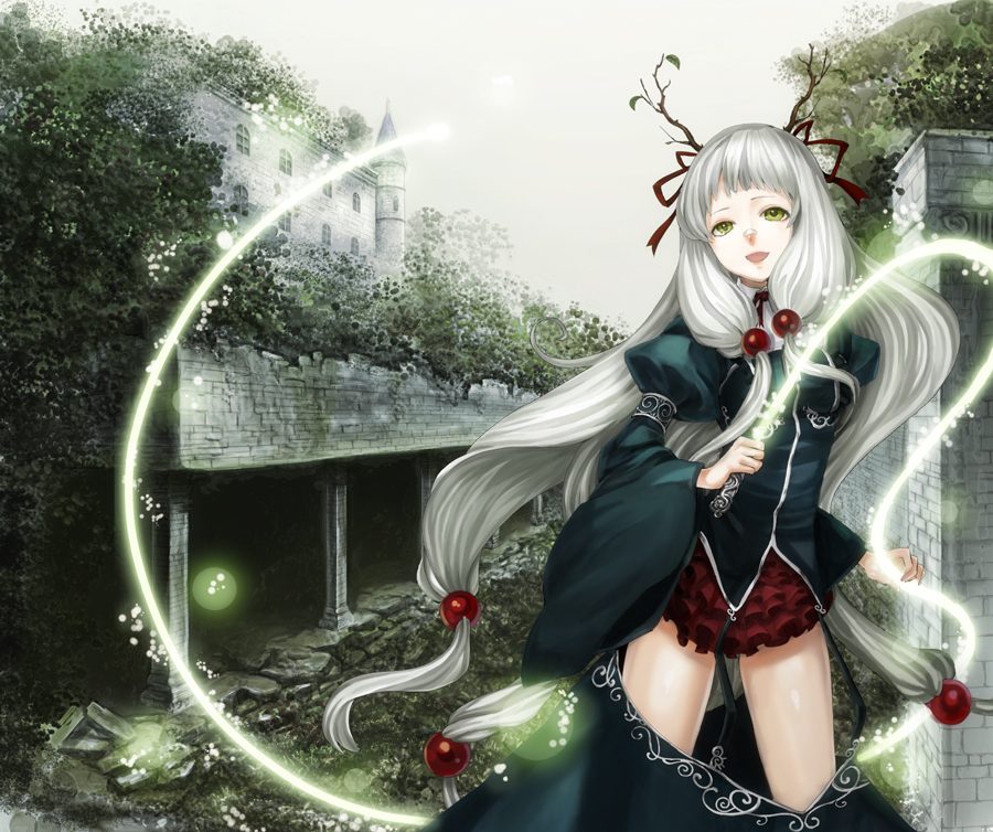 1girl, castle, female_focus, green_eyes, horns, kanro_(dear27), long_hair, long_sleeves