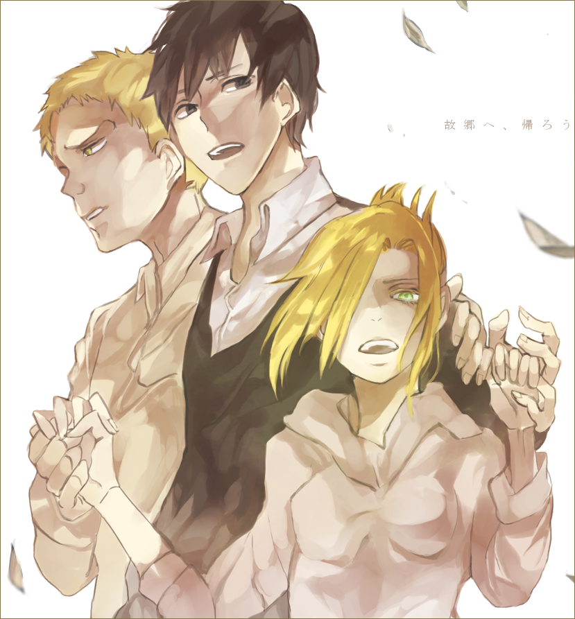 1girl, 2boys, annie_leonhart, bad_id, bad_pixiv_id, bertolt_hoover, blonde_hair, brown_hair
