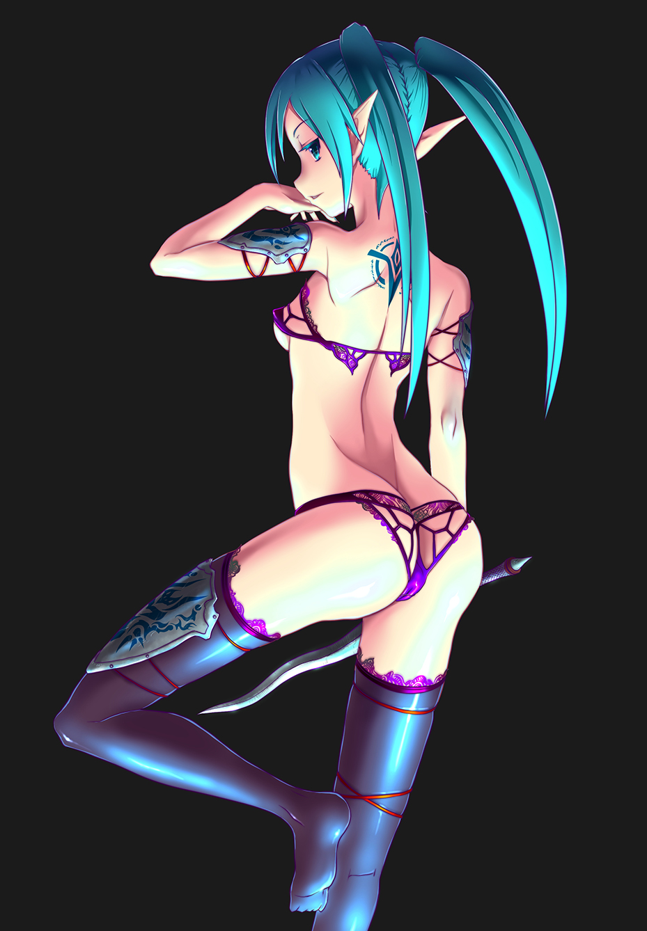 1girl, aqua_eyes, aqua_hair, ass, elf, female_focus, hatsune_miku, highres
