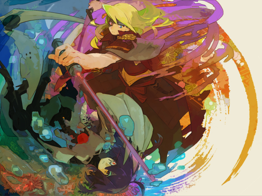 1boy, 1girl, ahoge, android, android_(sekaiju), armor, atlus, blonde_hair