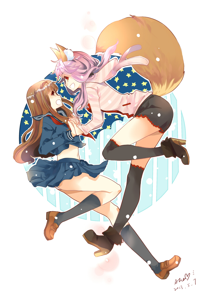 10s, 2girls, animal_ears, black_serafuku, brown_eyes, brown_hair, detached_sleeves, fate/extra