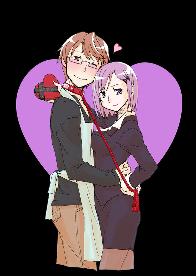 10s, 1boy, 1girl, apron, breasts, brown_eyes, brown_hair, business_suit