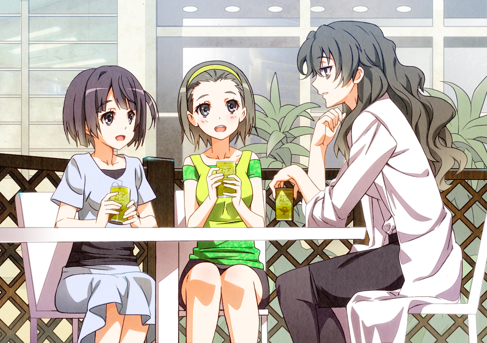 3girls, :d, bags_under_eyes, brown_eyes, brown_hair, chair, edasaki_banri, hairband