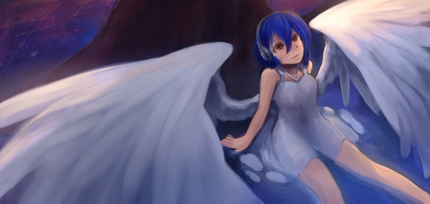 1girl, angel_wings, arceonn, bare_legs, bare_shoulders, blue_hair, borrowed_character, dress