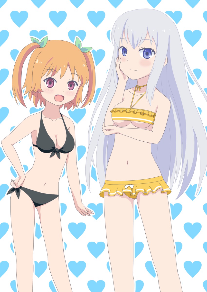 10s, 2girls, bikini, bikini_skirt, blue_eyes, blush, breasts, cleavage