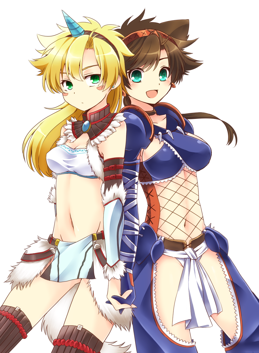 2girls, aji_paba, blonde_hair, blue_eyes, breasts, brown_hair, caesar_anthonio_zeppeli, capcom, cosplay, facial_mark, fishnets, genderswap, genderswap_(mtf), green_eyes, highres, horns, jojo_no_kimyou_na_bouken, joseph_joestar, joseph_joestar_(young), kirin_(armor), long_hair, midriff, monster_hunter_(series), multiple_girls, nargacuga_(armor), parody, ponytail, single_horn