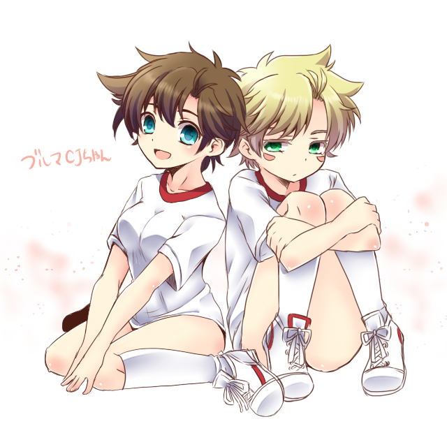 2girls, aji_paba, blonde_hair, blue_eyes, breasts, brown_hair, buruma, caesar_anthonio_zeppeli