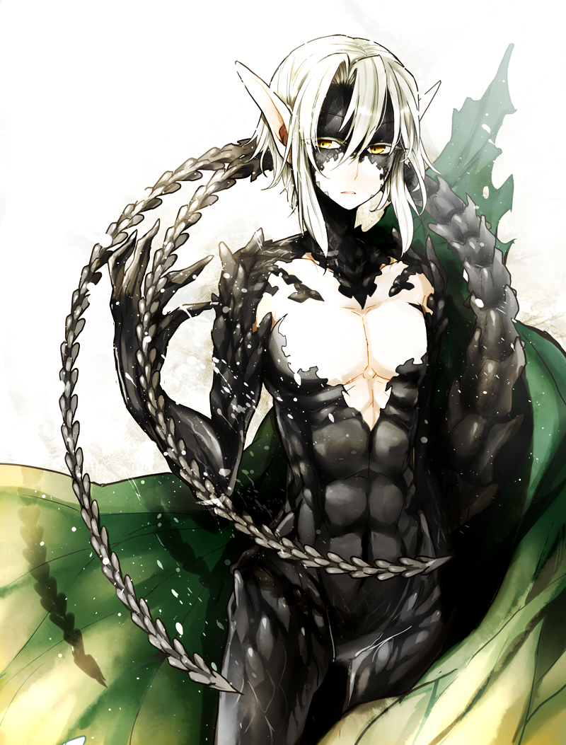 1boy, abs, alciel_(hataraku_maou-sama!), ashiya_shirou, blonde_hair, cloak, demon, demon_boy, hataraku_maou-sama!, male_focus, misono_reiji, pectorals, pointy_ears, scales, solo, tail, yellow_eyes