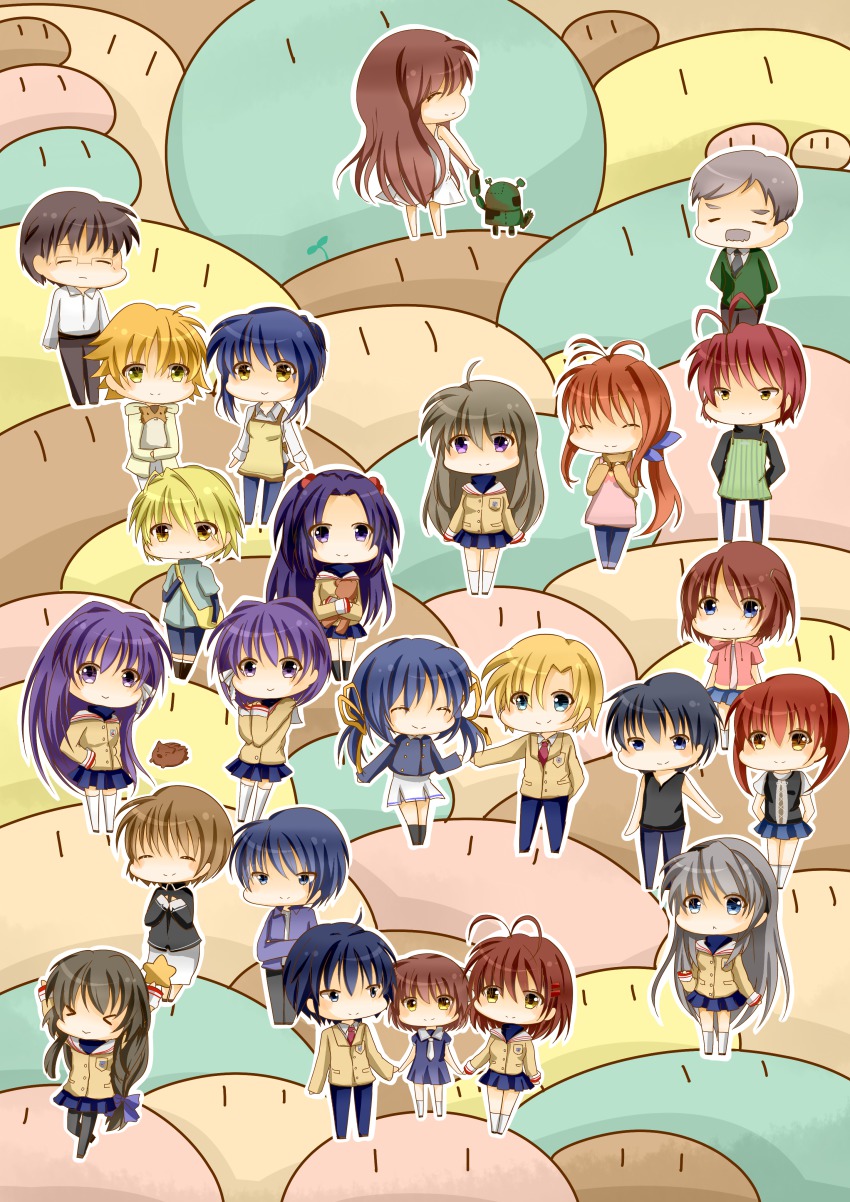 00s, 6+boys, 6+girls, absurdres, botan_(clannad), chibi, clannad, dango_daikazoku