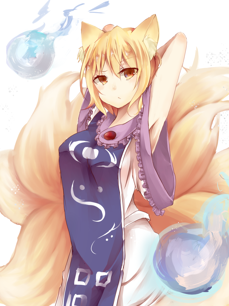 1girl, animal_ears, armpits, arms_up, blonde_hair, brown_eyes, female_focus, fox_ears