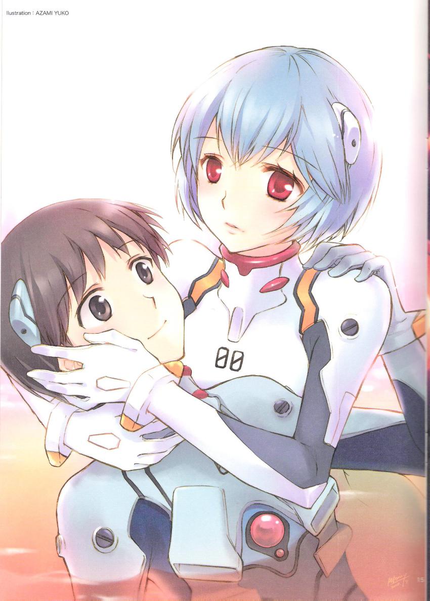 1boy, 1girl, ayanami_rei, azami_yuko, azami_yuuko, blue_eyes, blue_hair, blush, bodysuit, closed_mouth, couple, eyebrows_hidden_by_hair, hair_between_eyes, hairpods, hetero, highres, hug, ikari_shinji, looking_at_another, mecha_pilot_suit, neon_genesis_evangelion, plugsuit_(evangelion), rebuild_of_evangelion, red_eyes, scan, short_hair, smile, water, white_bodysuit