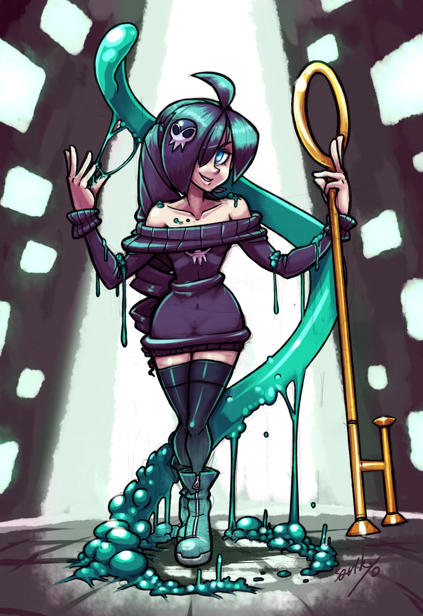 1girl, absurdres, ahoge, alex_ahad_(style), bad_id, bad_pixiv_id, bare_shoulders, black_thighhighs, blue_eyes, boots, borrowed_character, crossed_legs, dress, drill_hair, female_focus, full_body, hair_ornament, hair_over_one_eye, highres, key, lemmy_(zone), long_hair, long_image, middle_finger, narrow_waist, off-shoulder, off-shoulder_sweater, off_shoulder, official_style, original, oversized_object, pale_skin, parody, ponytail, purple_hair, shioinu_kemushi, short_dress, skull_hair_ornament, skullgirls, slime_(substance), smile, solo, standing, style_parody, sweater, sweater_dress, tentacles, thighhighs, zettai_ryouiki, zone-tan