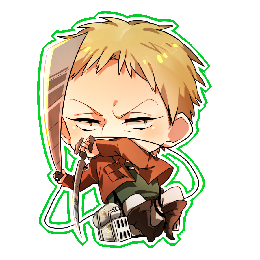 1boy, blonde_hair, brown_eyes, chibi, hametusinn, jacket, male_focus, reiner_braun, shingeki_no_kyojin, solo, sword, three-dimensional_maneuver_gear, weapon