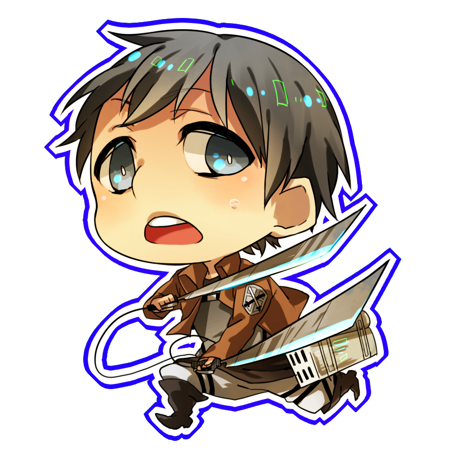 1boy, bertolt_hoover, black_eyes, black_hair, chibi, hametusinn, jacket, male_focus, shingeki_no_kyojin, solo, sword, three-dimensional_maneuver_gear, weapon