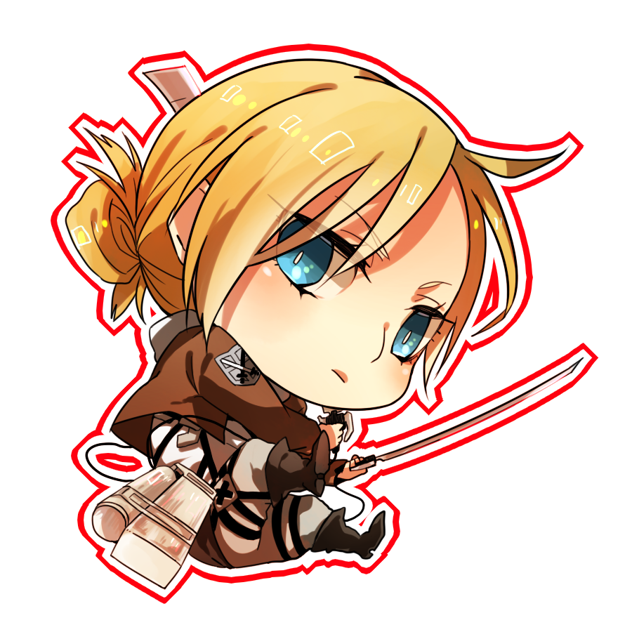 1girl, annie_leonhart, blonde_hair, blue_eyes, chibi, female_focus, hametusinn, jacket, ponytail, shingeki_no_kyojin, solo, sword, three-dimensional_maneuver_gear, weapon