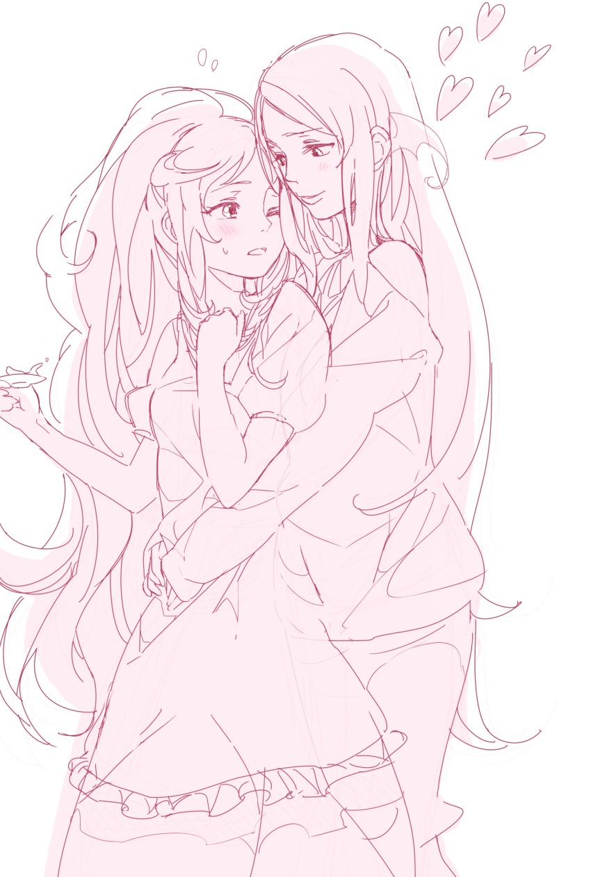 2girls, apron, bad_id, bad_pixiv_id, blush, couple, dokidoki!_precure, gyarin, head_wings, heart, highres, hug, hug_from_behind, long_hair, mamo_(precure), marie_ange, monochrome, multiple_girls, one_eye_closed, precure, simple_background, white_background, wings, wink, yuri