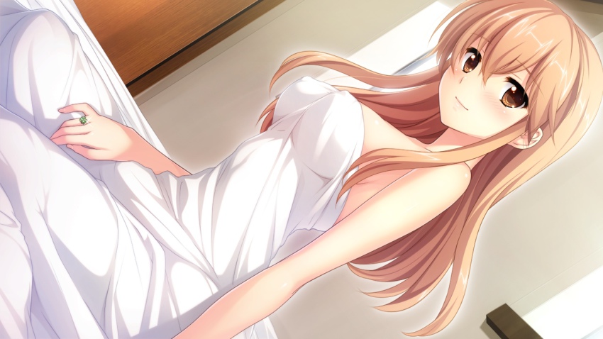 1girl, bed, bed_sheet, blonde_hair, blush, breasts, brown_eyes, female_focus, game_cg, happy, hatsukoi_1/1, jewelry, koizumi_amane, long_hair, looking_at_viewer, morino_yukino, nude, ring, sitting, smile, solo