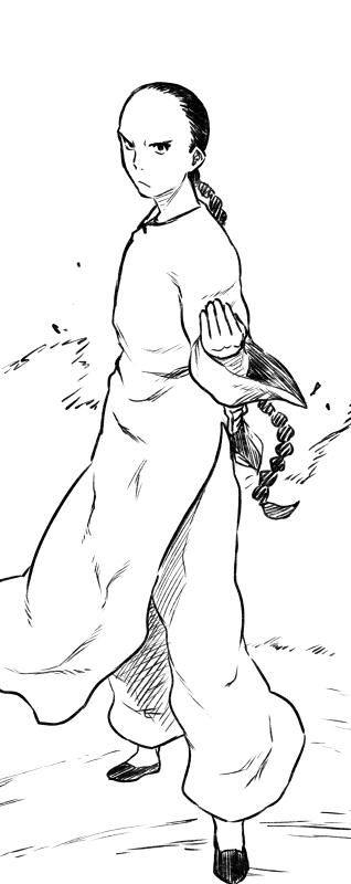 1boy, baggy_pants, bakumatsu_rouman, braid, chinese_clothes, flats, forehead, greyscale, lee_rekka, long_hair, male_focus, monochrome, pants, single_braid, snk, solo, tsukudani_(coke-buta), very_long_hair, wong_fei_hung